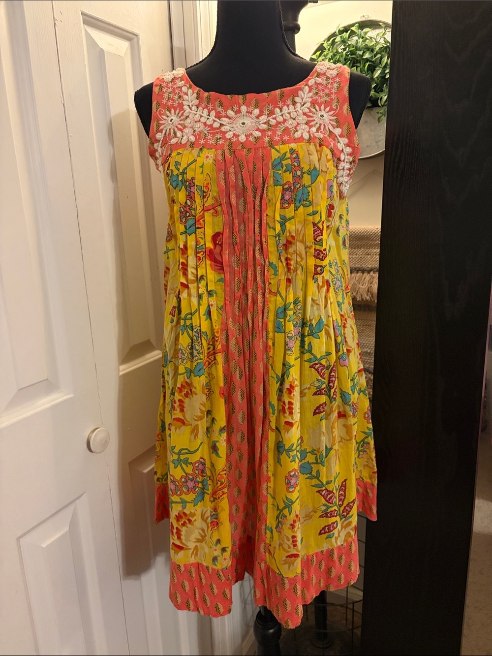 Yellow Floral Sleeveless Mini Dress with Coral Embroidered Yoke
